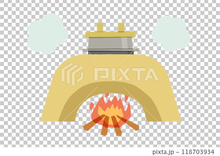 火がついたかまどに置かれた釜から湯気が上がっているイラスト。薪を焼べられた日本式の調理かまど 火がついたかまどに置かれた釜から湯気が上がっているイラスト。薪を焼べられた日本式の調理かまど 118703934