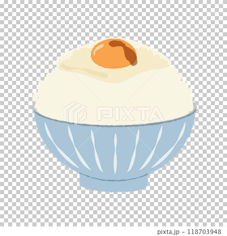 雞蛋米飯的插圖。這是一道簡單的日本菜，由碎生雞蛋放在白米飯上，淋上醬油組成。 118703948