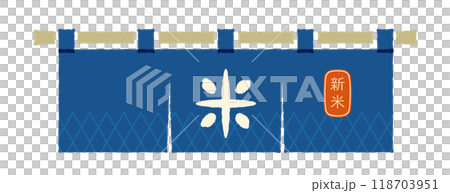 Illustration of a blue shop curtain with the word "rice" written on it and a logo of new rice. 118703951