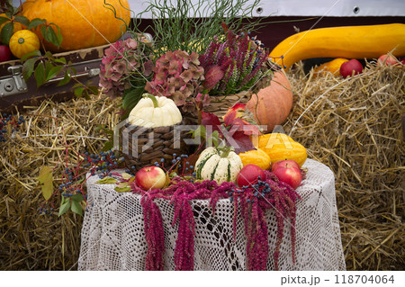 Autumn Harvest Display with Pumpkins and Flowers Autumn Harvest Display with Pumpkins and Flowers 118704064