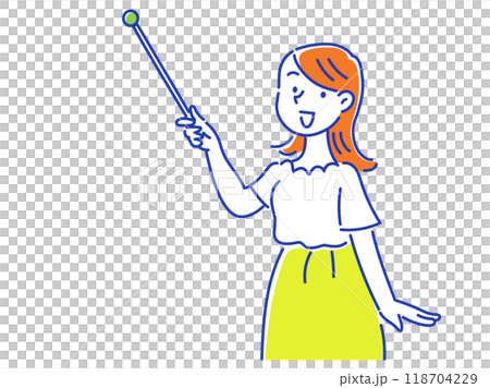 A smiling young woman wearing a skirt explaining with a pointer A smiling young woman wearing a skirt explaining with a pointer 118704229