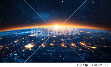 Planet earth from space with light lines of communication and connection. Business concept. Planet earth from space with light lines of communication and connection. Business concept. 118704245