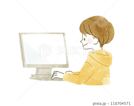 パソコンを使っている男性-水彩 118704571