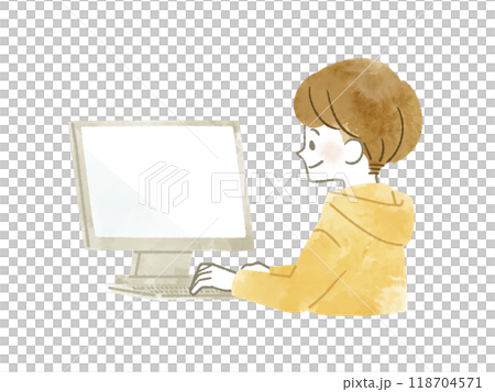 パソコンを使っている男性-水彩 118704571