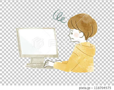 一個男人帶著困惑的表情使用電腦 — 水彩 118704575