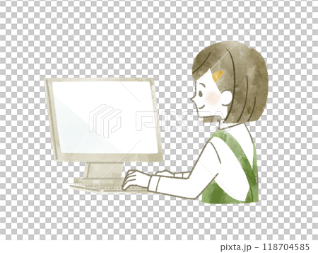 A woman wearing an apron using a computer - watercolor A woman wearing an apron using a computer - watercolor 118704585