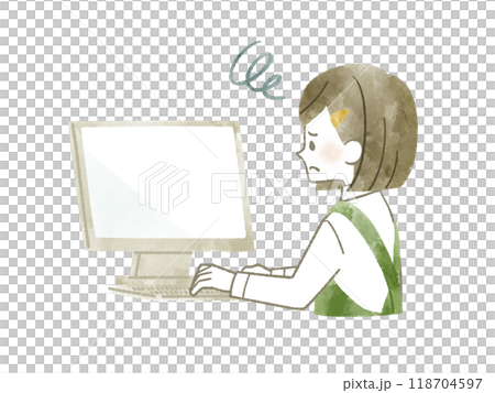 A woman wearing an apron using a computer with a troubled expression - watercolor A woman wearing an apron using a computer with a troubled expression - watercolor 118704597