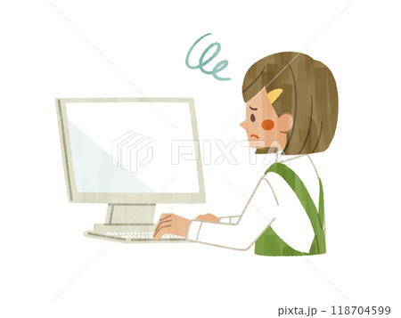 困った表情でパソコンを使っているエプロンを着用した女性-ガッシュ 困った表情でパソコンを使っているエプロンを着用した女性-ガッシュ 118704599