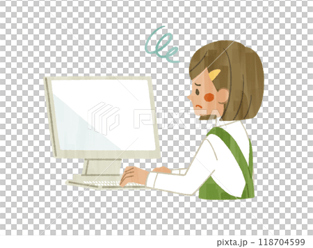 困った表情でパソコンを使っているエプロンを着用した女性-ガッシュ 困った表情でパソコンを使っているエプロンを着用した女性-ガッシュ 118704599