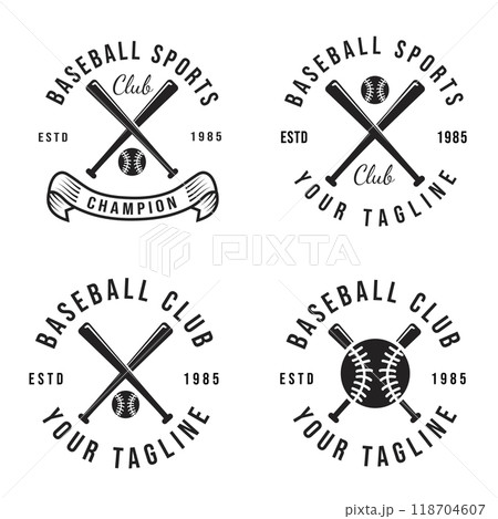 Vintage Classic Baseball Club Design Set with Crossed Bats and Balls, Retro Design Vector Illustration Vintage Classic Baseball Club Design Set with Crossed Bats and Balls, Retro Design Vector Illustration 118704607