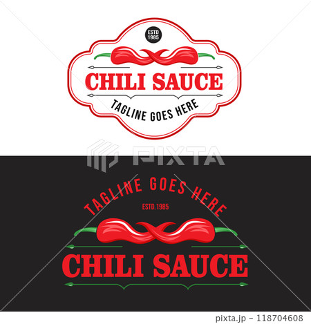 Chili Sauce Product Label Design with Retro Chili Sauce Logo Vintage Style Chili Sauce Label with Vector Design Illustration in White and Black Background Chili Sauce Product Label Design with Retro Chili Sauce Logo Vintage Style Chili Sauce Label with Vector Design Illustration in White and Black Background 118704608