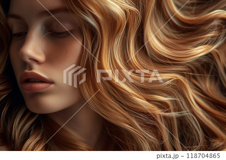 A young woman showcases her long, wavy hair in rich warm hues as she relaxes. The soft afternoon light highlights her features against a dark backdrop, creating a serene atmosphere. 118704865