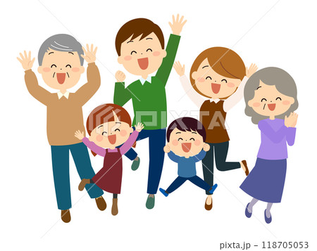 喜びでジャンプする三世帯家族 喜びでジャンプする三世帯家族 118705053