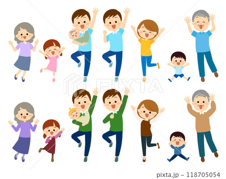 喜びでジャンプする三世帯家族 118705054
