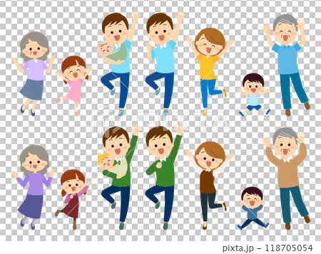 喜びでジャンプする三世帯家族 118705054