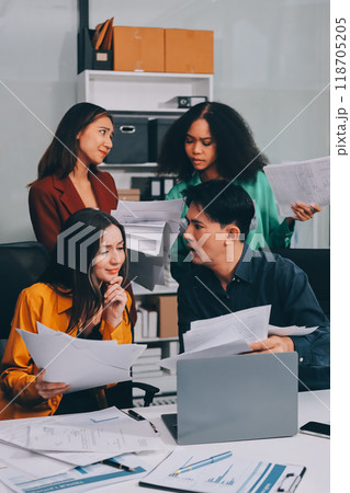 Stress, business people and employee frustrated with multitasking, pressure or overworked by team in chaos with paperwork. Anxiety, headache and worker overwhelmed by group and burnout in crisis 118705205