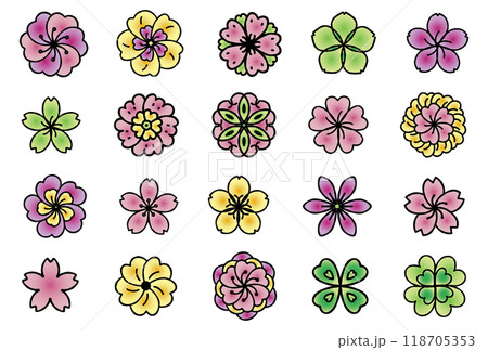 シンプルな花モチーフのパターンイラストセット（カラフル） 118705353