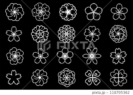 シンプルな花モチーフのパターンイラストセット（モノクロ・黒背景） 118705362