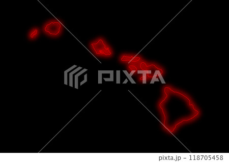 Red glowing neon map of Hawaii state in black background 118705458