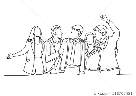 Continuous one line drawing group of businessman and woman hugging together to celebrate their success achieve the business target. Team work goal. Single line draw design vector graphic illustration Continuous one line drawing group of businessman and woman hugging together to celebrate their success achieve the business target. Team work goal. Single line draw design vector graphic illustration 118705481