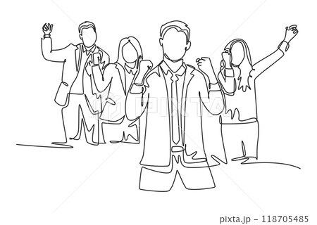 Continuous one line drawing young happy company founder and team celebrate with joy at the investor office together. Business teamwork celebration. Single line draw design vector graphic illustration Continuous one line drawing young happy company founder and team celebrate with joy at the investor office together. Business teamwork celebration. Single line draw design vector graphic illustration 118705485