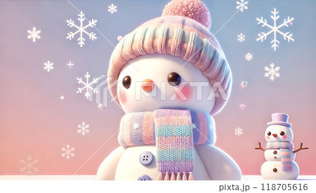 冬の空を見上げる雪だるま；ゆめかわ風	 118705616