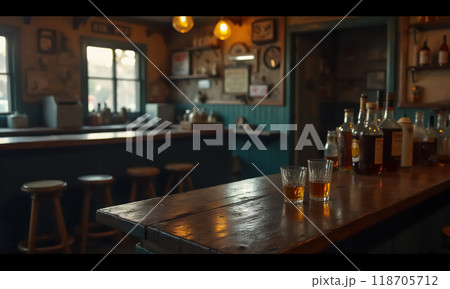 薄日の差し込む薄暗い無人のバー店内 飲みかけのグラス ボトル カウンター 118705712