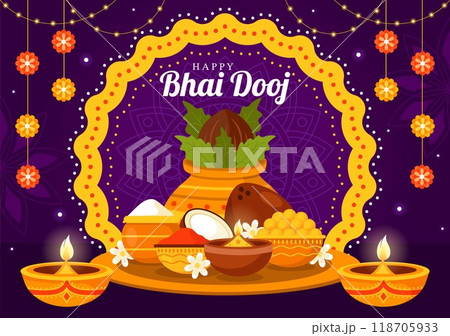 Happy Bhai Dooj Indian Festival Celebration Vector Illustration of Sisters Praying for Their Brothers Protection with Applying a Forehead Dot 118705933