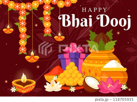 Happy Bhai Dooj Indian Festival Celebration Vector Illustration of Sisters Praying for Their Brothers Protection with Applying a Forehead Dot 118705935