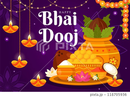 Happy Bhai Dooj Indian Festival Celebration Vector Illustration of Sisters Praying for Their Brothers Protection with Applying a Forehead Dot Happy Bhai Dooj Indian Festival Celebration Vector Illustration of Sisters Praying for Their Brothers Protection with Applying a Forehead Dot 118705936