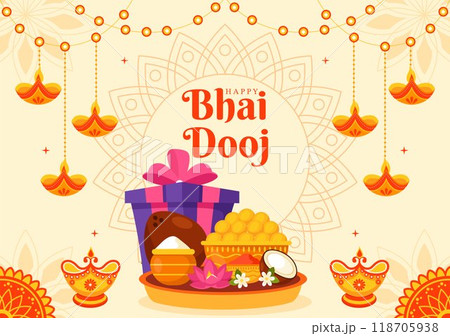 Happy Bhai Dooj Indian Festival Celebration Vector Illustration of Sisters Praying for Their Brothers Protection with Applying a Forehead Dot Happy Bhai Dooj Indian Festival Celebration Vector Illustration of Sisters Praying for Their Brothers Protection with Applying a Forehead Dot 118705938