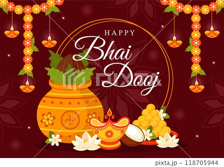 Happy Bhai Dooj Indian Festival Celebration Vector Illustration of Sisters Praying for Their Brothers Protection with Applying a Forehead Dot 118705944