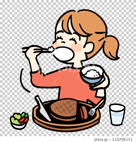 ご飯と肉を食べる女性 118706151
