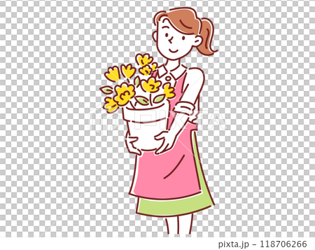 A young female staff member at a flower shop holding a flower pot with flowers in it 118706266