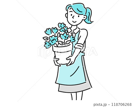 花が咲いた植木鉢を持った花屋の若い女性スタッフ 118706268