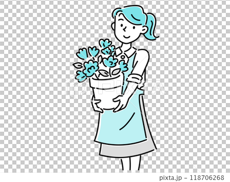 花が咲いた植木鉢を持った花屋の若い女性スタッフ 118706268