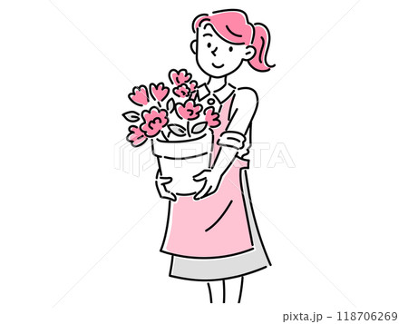 花が咲いた植木鉢を持った花屋の若い女性スタッフ 花が咲いた植木鉢を持った花屋の若い女性スタッフ 118706269