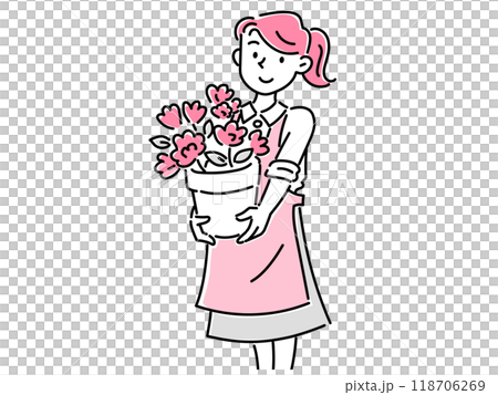 花が咲いた植木鉢を持った花屋の若い女性スタッフ 花が咲いた植木鉢を持った花屋の若い女性スタッフ 118706269