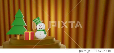 3d render illustration A snowman is standing in front of a Christmas tree and a red present 3d render illustration A snowman is standing in front of a Christmas tree and a red present 118706746