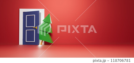 3d render illustration A blue door is open to reveal a Christmas tree 118706781