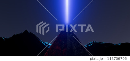 3d render illustration A pyramid is lit up in the night sky with a bright blue light 118706796
