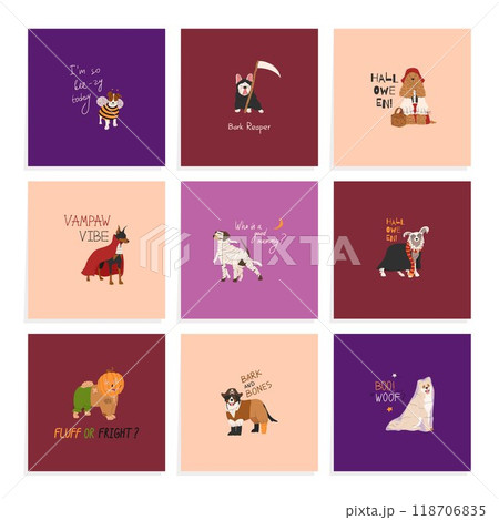 Big set of Happy Halloween vector illustrations. Funny dogs in cute Halloween costume. Hand drawn lettering. Ideal for holiday cards 118706835