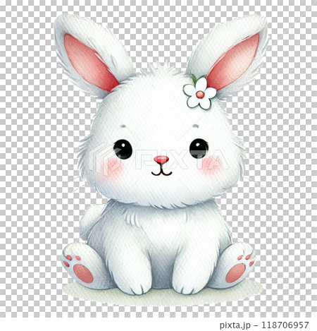 水彩動物イラスト 正面を向いた 白うさぎのイラスト素材 [118706957