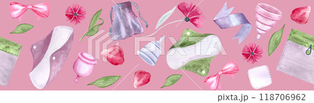 A period pad, a fabric pouch, a menstrual cup, ribbons petals watercolor seamless border on pink background. Great for packaging, tape. Eco-friendly menstrual care design. Sustainable lifestyle 118706962