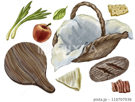 Set of illustrations of food and picnic items, vintage style. For advertising and labels of restaurants, bakeries, snack bars in home or country style. Grocery store design, food delivery, takeaway. Set of illustrations of food and picnic items, vintage style. For advertising and labels of restaurants, bakeries, snack bars in home or country style. Grocery store design, food delivery, takeaway. 118707036