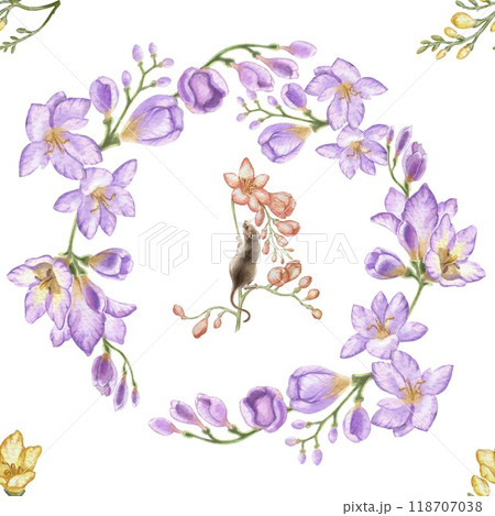 Seamless pattern with freesia flowers and a cute mouse. Delicate colors of watercolor illustration in vintage style. For creating fabric, tablecloths, curtains, napkins, kitchen towels, wallpaper, etc 118707038