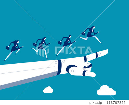 Assistance. Business team runs up on robot hand pointing upwards, Collaboration of personnel with artificial intelligence 118707223