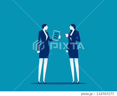 Business Assistance. Manager giving document to boss for signing, Agreement 118707277