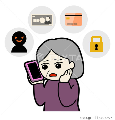 困った顔でスマホで電話する高齢女性とその悩みのタネ 118707297