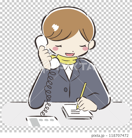Hand-drawn illustration of a woman in a suit answering the phone 118707472
